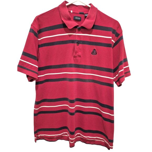 IZOD Mens Large Polo Shirt Red w/Black White Stripes Cotton - Picture 1 of 7